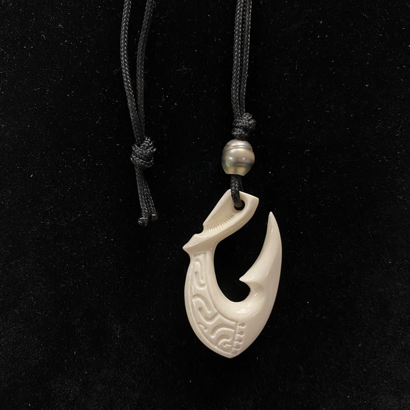 Carved Cow Bone Fish Hook w/ Tahitian Black Pearl Pendant