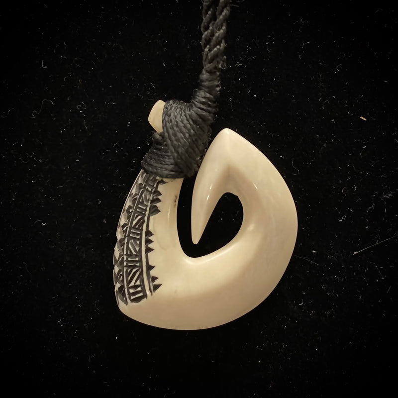Samoan Carved Cow Bone Gill Fish Hook w/ Black Tattoo Etching Pendant