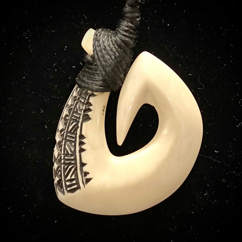 Samoan Carved Cow Bone Gill Fish Hook w/ Black Tattoo Etching Pendant