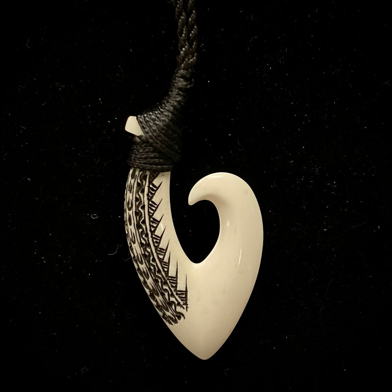 Samoan Carved Cow Bone Gill Fish Hook w/ Black Tattoo Etching Pendant