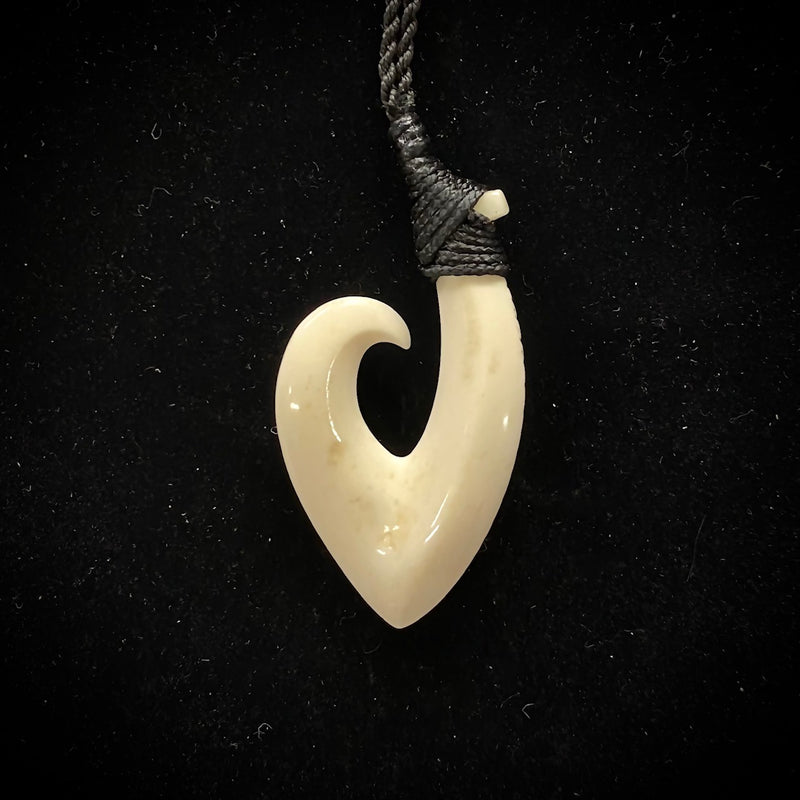 Samoan Carved Cow Bone Gill Fish Hook w/ Black Tattoo Etching Pendant
