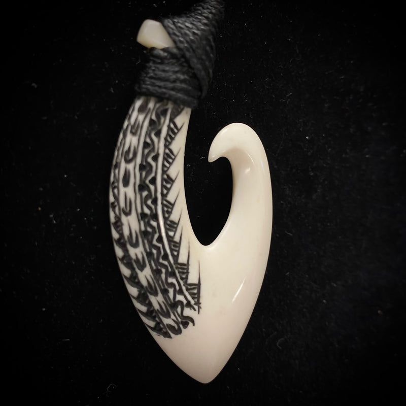 Samoan Carved Cow Bone Gill Fish Hook w/ Black Tattoo Etching Pendant