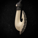 Samoan Carved Cow Bone Gill Fish Hook w/ Black Tattoo Etching Pendant