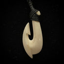 Samoan Carved Cow Bone Gill Fish Hook w/ Black Tattoo Etching Pendant