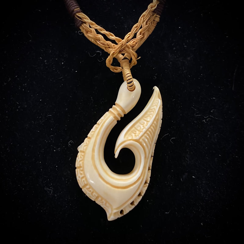 Tahitian Carved Bone Fish Hook w/ Tattoo Etching & Woven Coconut Sennit