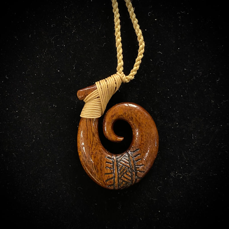 Carved Hawaiian Koa with Tribal Tattoo Fish Hook