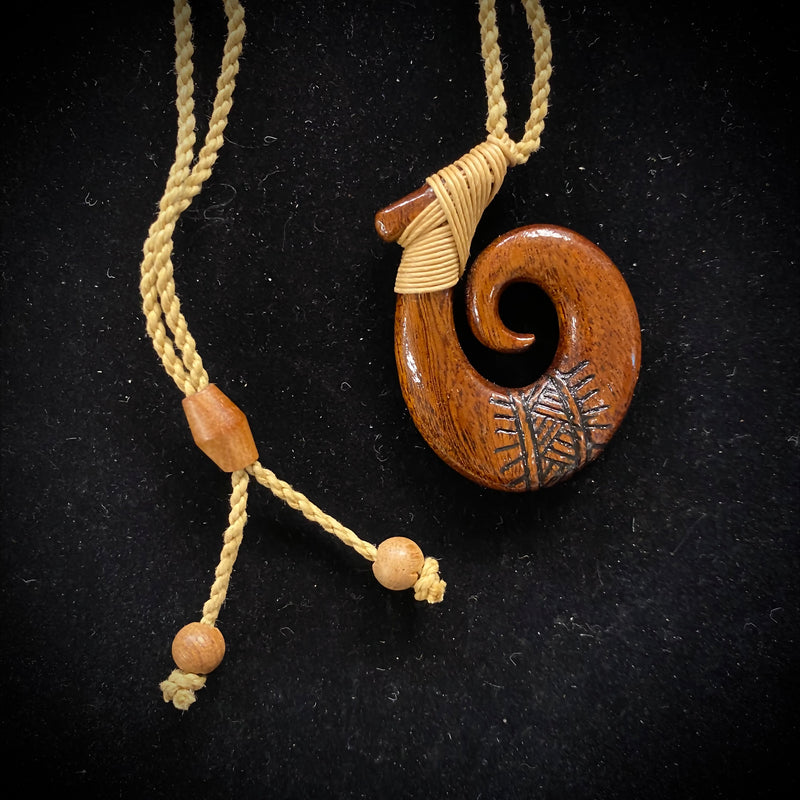 Carved Hawaiian Koa with Tribal Tattoo Fish Hook