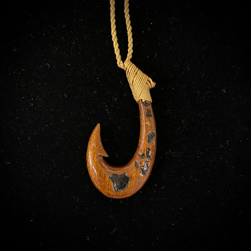 Carved Hawaiian Koa with Island Chain etching Fish Hook