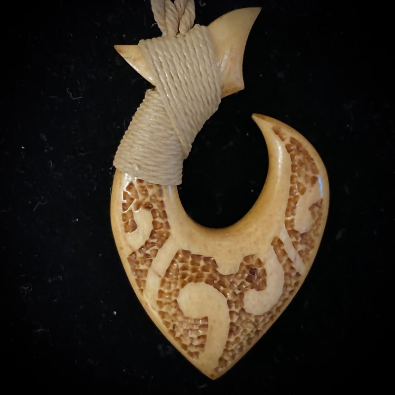 Hawaiian Cow Bone with Tribal Tattoo Fish Hook Pendant