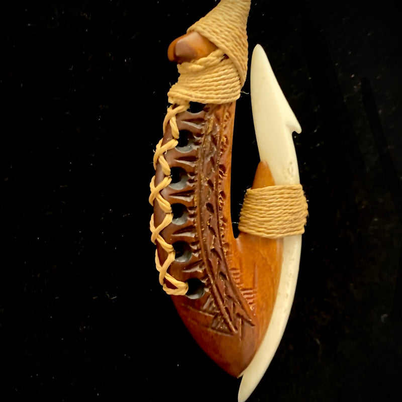 Samoan Carved Milo & Cow Bone Fish Hook w/ Tattoo Etching Pendant