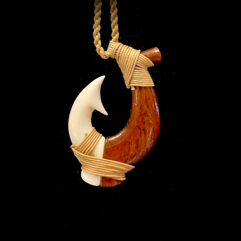 Carved Hawaiian Koa with Buffalo Bone Fish Hook