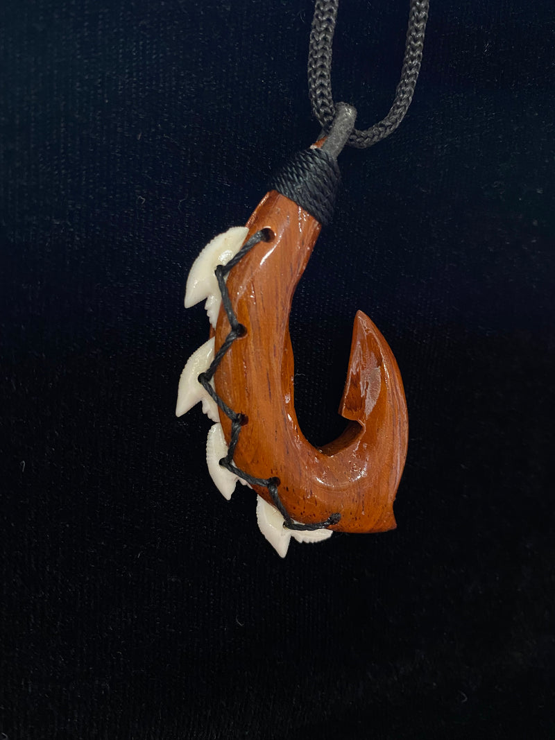 Hawaiian Koa Wood with Shark Teeth Fish Hook Pendant