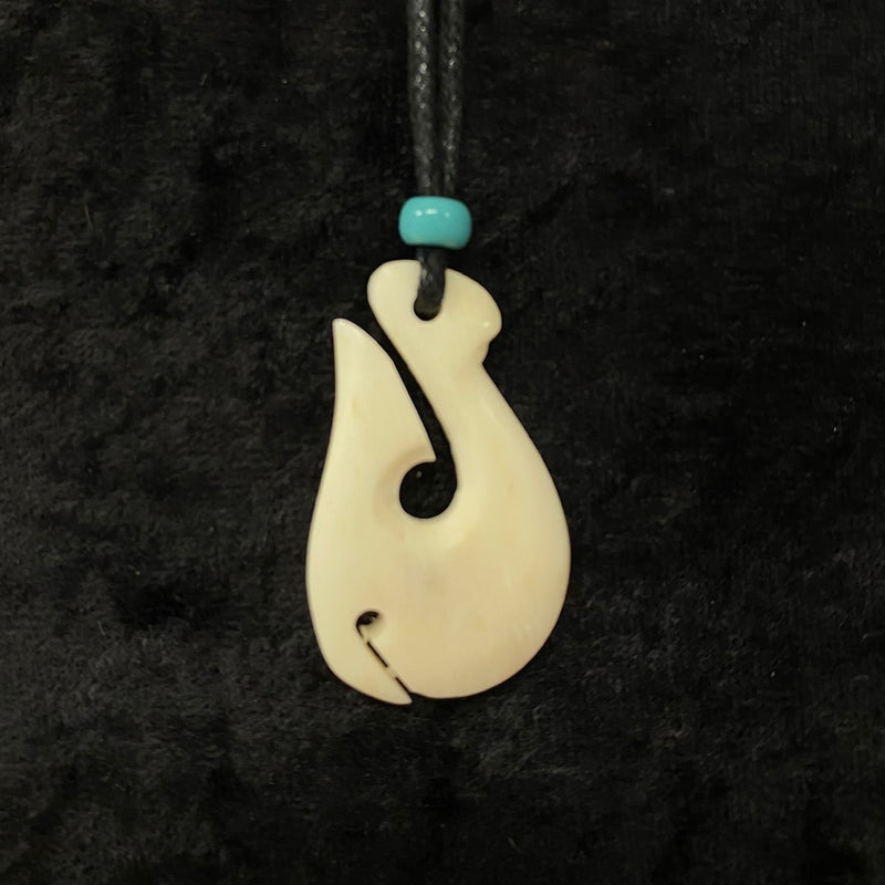 Carved Buffalo Bone Fish Hook with Blue Glass Bead