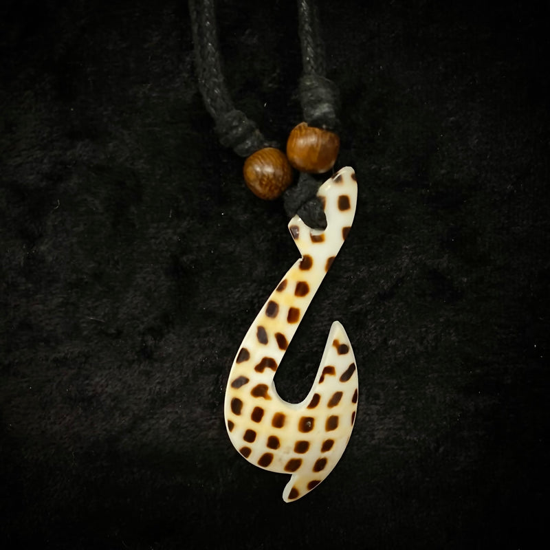 Carved Leopard Cone Shell Fish Hook with 2 Wood Beads
