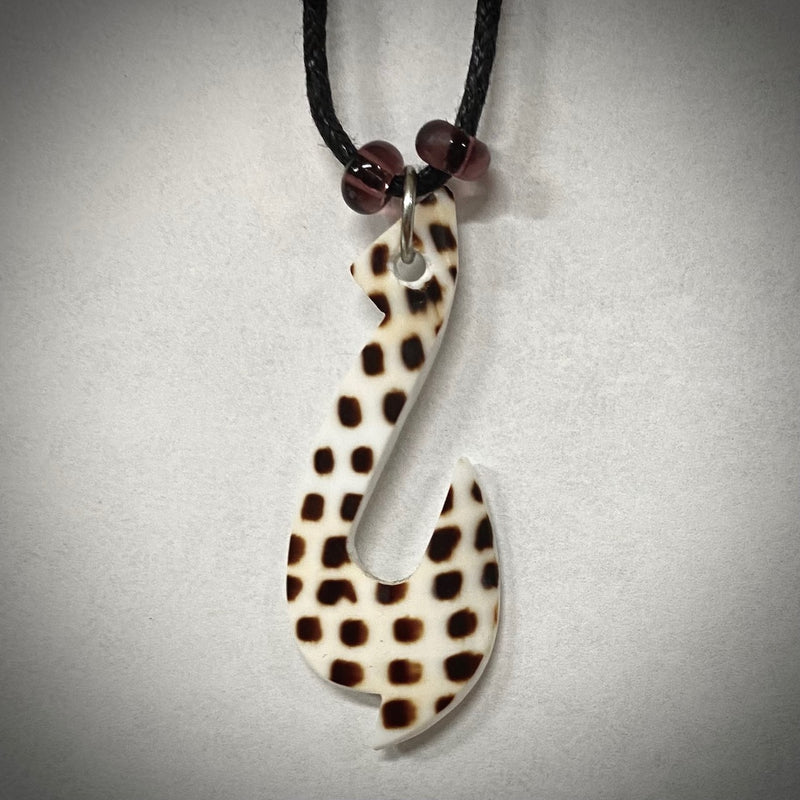 Carved Leopard Cone Shell Fish Hook with 2 Purple Glass Beads