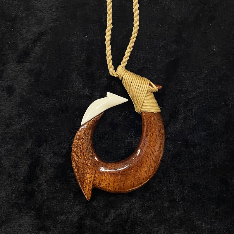 Carved Hawaiian Koa with Tribal Tattoo and Buffalo Bone Fish Hook