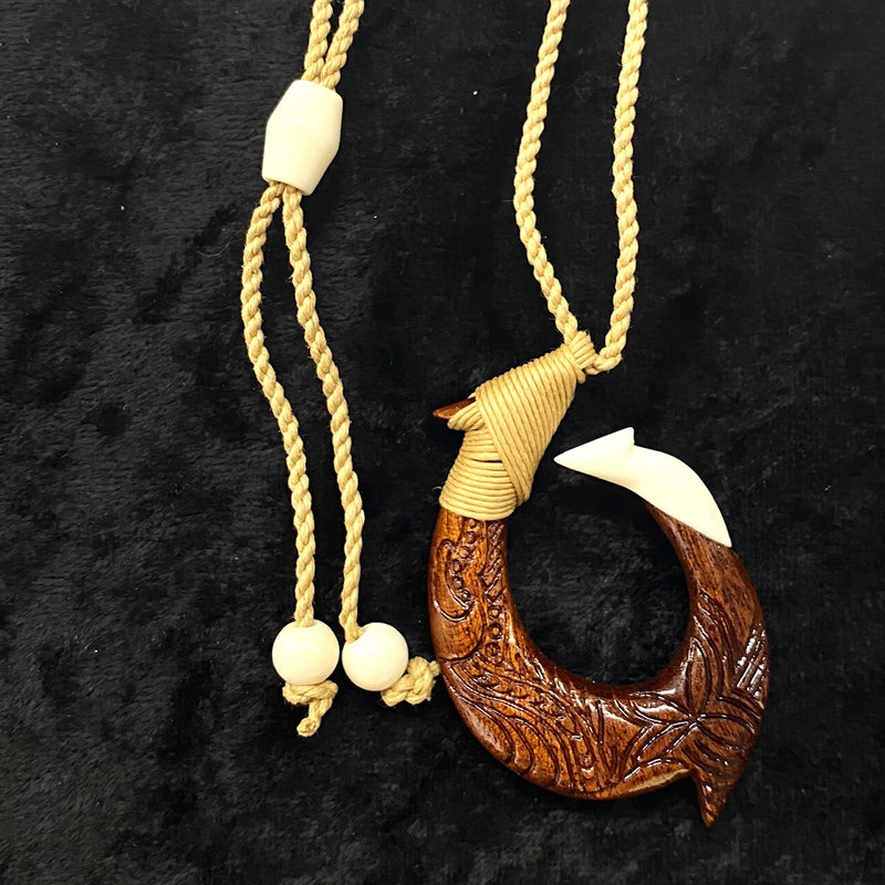 Carved Hawaiian Koa with Tribal Tattoo and Buffalo Bone Fish Hook