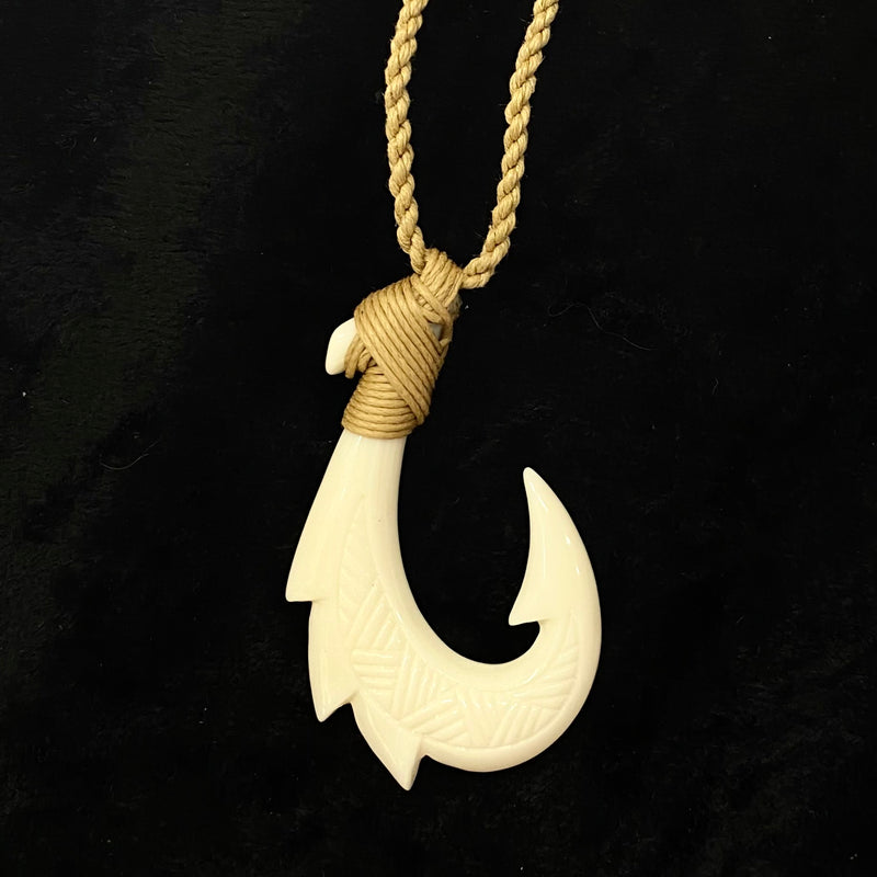 Buffalo Bone 4 Barb Fish Hook with Tribal Tattoo Pendant - Tan Cord