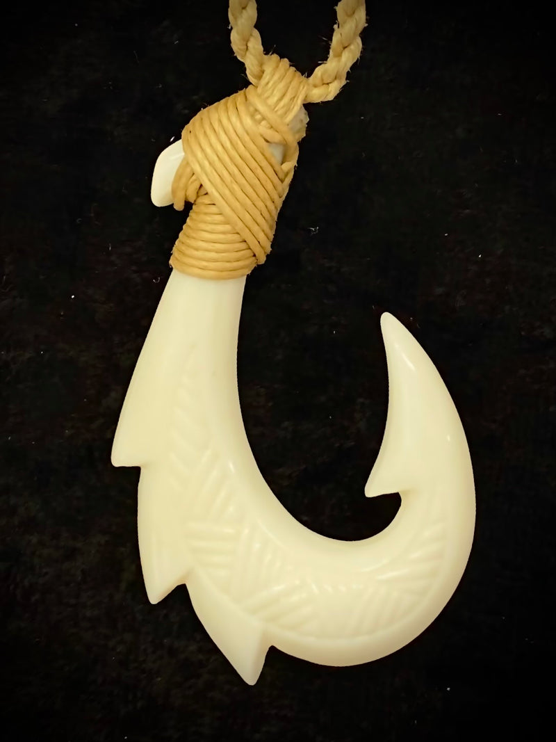Buffalo Bone 4 Barb Fish Hook with Tribal Tattoo Pendant - Tan Cord