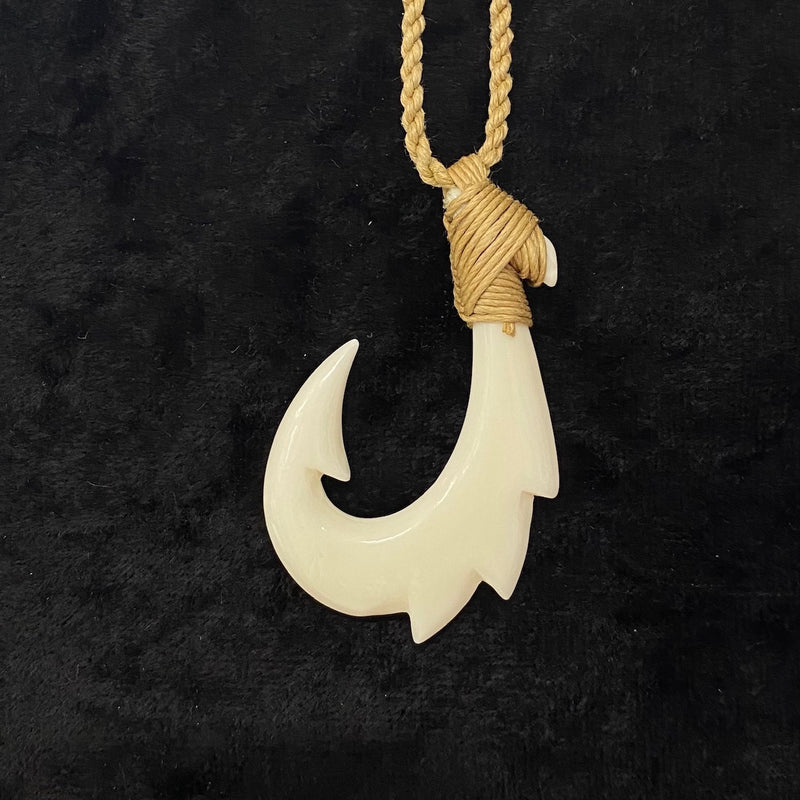 Buffalo Bone 4 Barb Fish Hook with Tribal Tattoo Pendant - Tan Cord