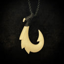 Buffalo Bone 4 Barb Fish Hook with Tribal Tattoo Pendant - Black Cord