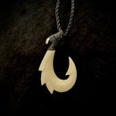 Buffalo Bone 4 Barb Fish Hook with Tribal Tattoo Pendant - Black Cord