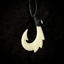 Buffalo Bone 4 Barb Fish Hook with Tribal Tattoo Pendant - Black Cord