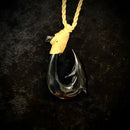 Black Buffalo Horn 2 Barb Fish Hook Pendant - Tan Cord