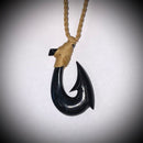 Black Buffalo Horn 2 Barb Fish Hook Pendant - Tan Cord