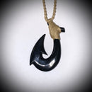 Black Buffalo Horn 2 Barb Fish Hook Pendant - Tan Cord