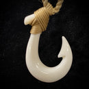 Buffalo Bone 1 Barb Fish Hook Pendant - Tan Cord