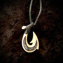Buffalo Bone 2 Barb Fish Hook Pendant with Black Tattoo Etching - Black Cord