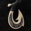 Buffalo Bone 2 Barb Fish Hook Pendant with Black Tattoo Etching - Black Cord