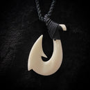 Buffalo Bone 2 Barb Fish Hook Pendant with Black Tattoo Etching - Black Cord