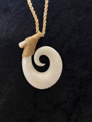 Buffalo Bone Fish Hook Pendant with Tattoo Etching - Tan Cord