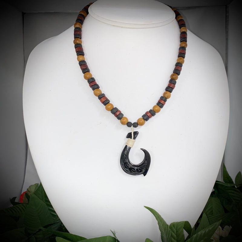 Carved Black Buffalo Horn 1 Barb Fish Hook Pendant with Wooden Beads