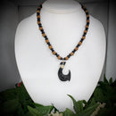 Carved Black Buffalo Horn 1 Barb Fish Hook Pendant with Wooden Beads
