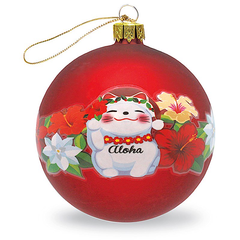 Holiday Lucky Cat Glass Ornament