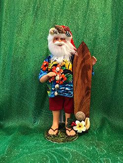 Blue Aloha Surfing Santa with Koa Surfboard