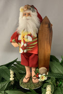 Red Aloha Surfing Santa with Koa Surfboard