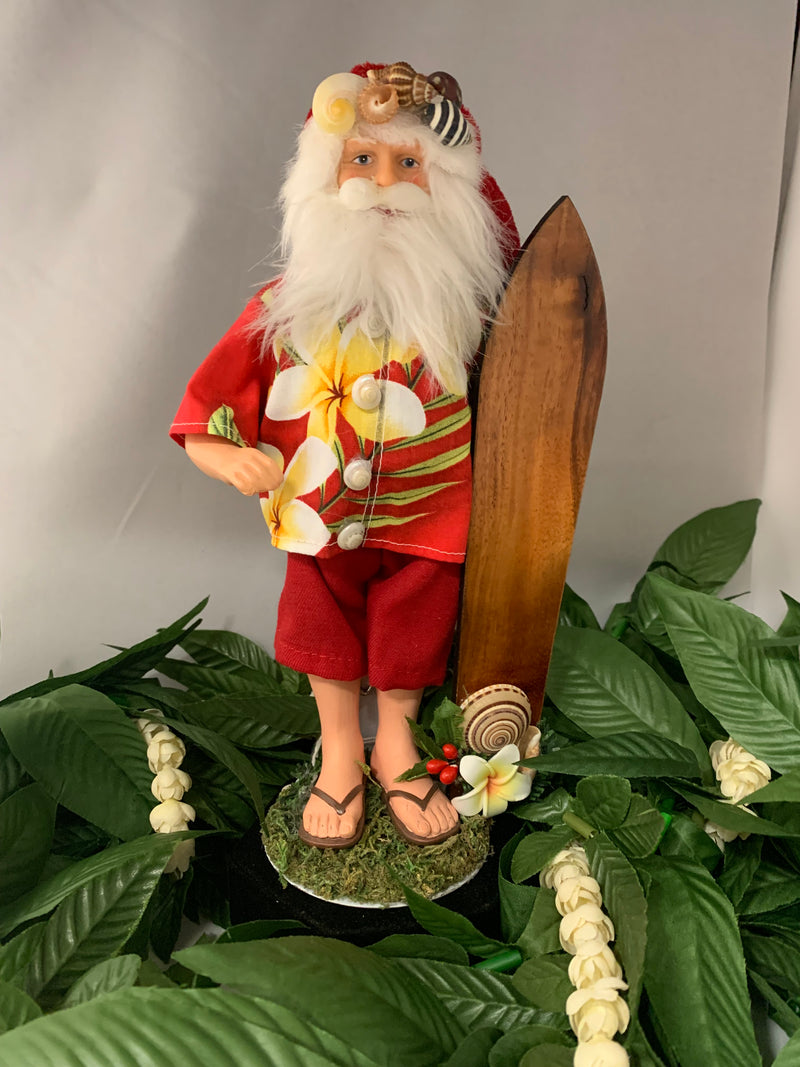 Red Aloha Surfing Santa with Koa Surfboard