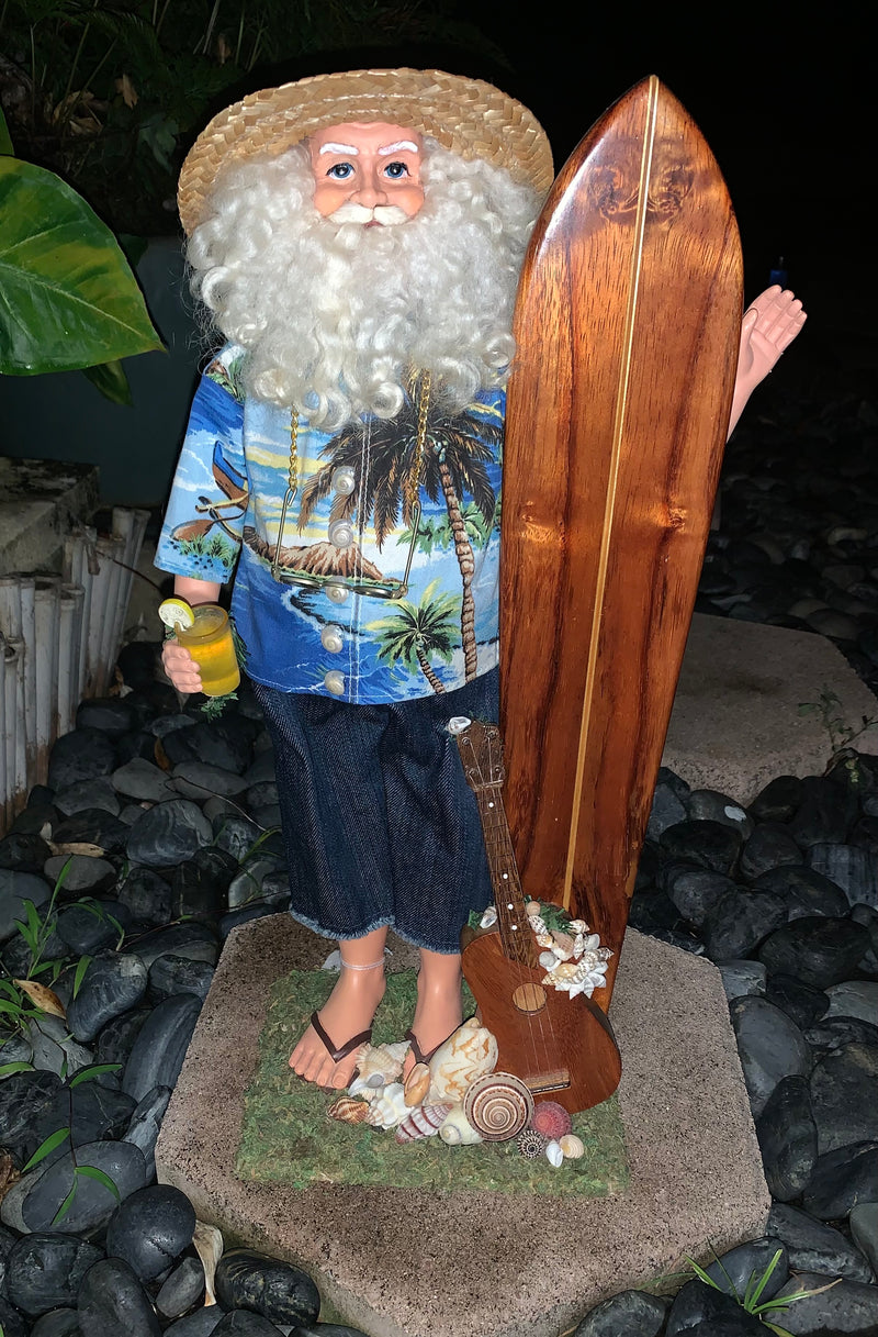 Large Blue Aloha Surfing Santa with Koa Surfboard