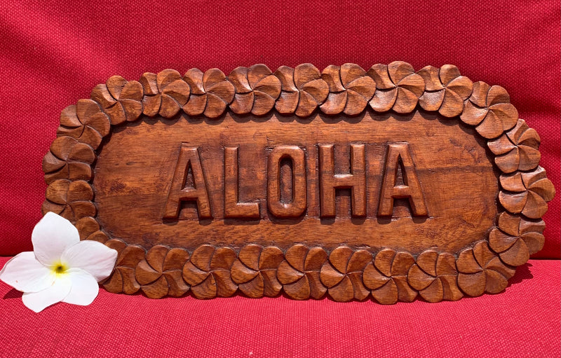 Sign - ALOHA - wood carved with lei