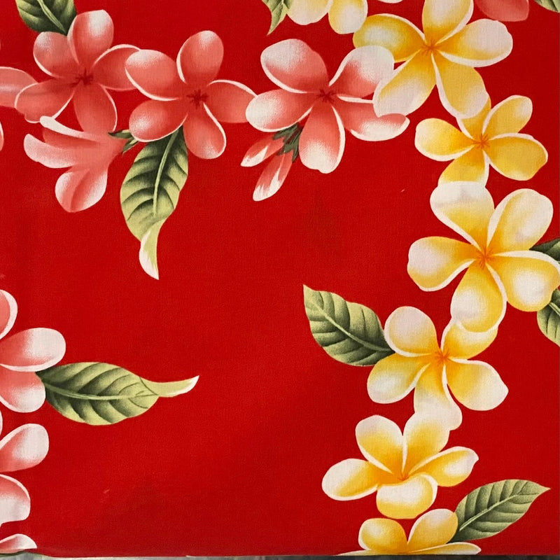 100% Cotton Hawaiian Fabric - Pink and Yellow Plumerias - Red