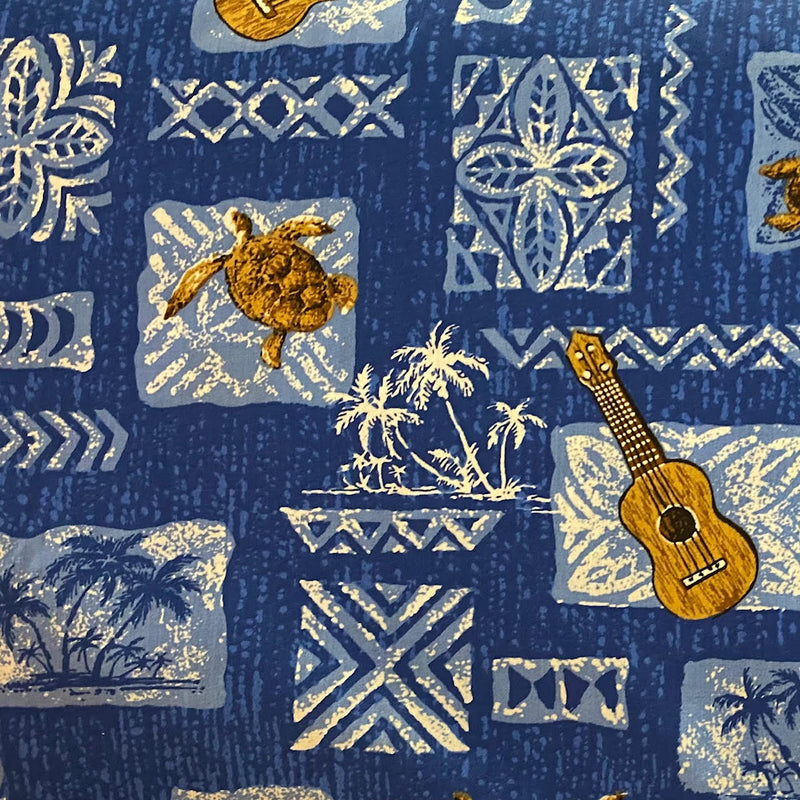 Poly-Cotton Hawaiian Fabric - Honu and 'Ukulele Blue